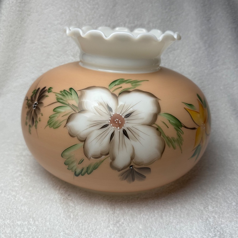 Vintage Hand Painted Floral Lamp Shade Peach Milk Glass Ruffled Edge